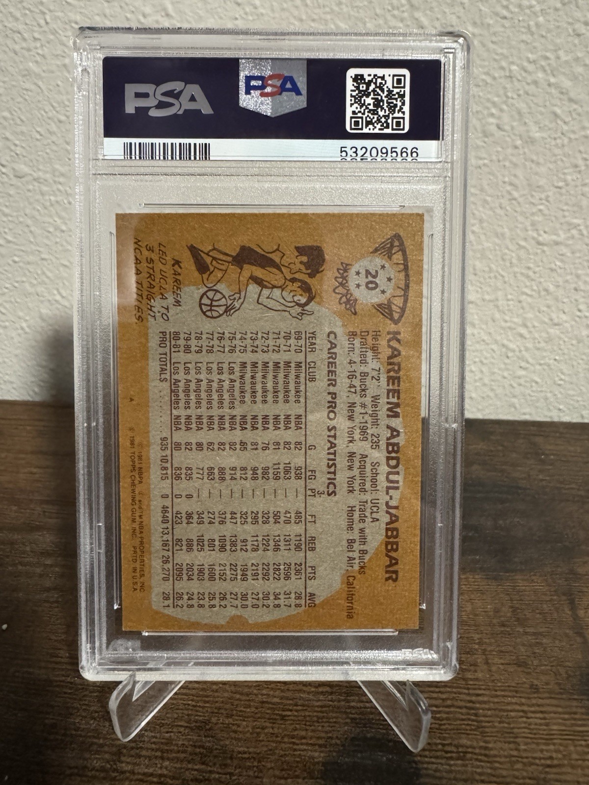 1981-82 Topps #20 Kareem Abdul-Jabbar PSA NM 7 JC view 2