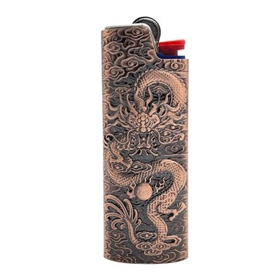 Metal Lighter Case Cover Holder Vintage Dragon Engraving for BIC Full Rose Gold