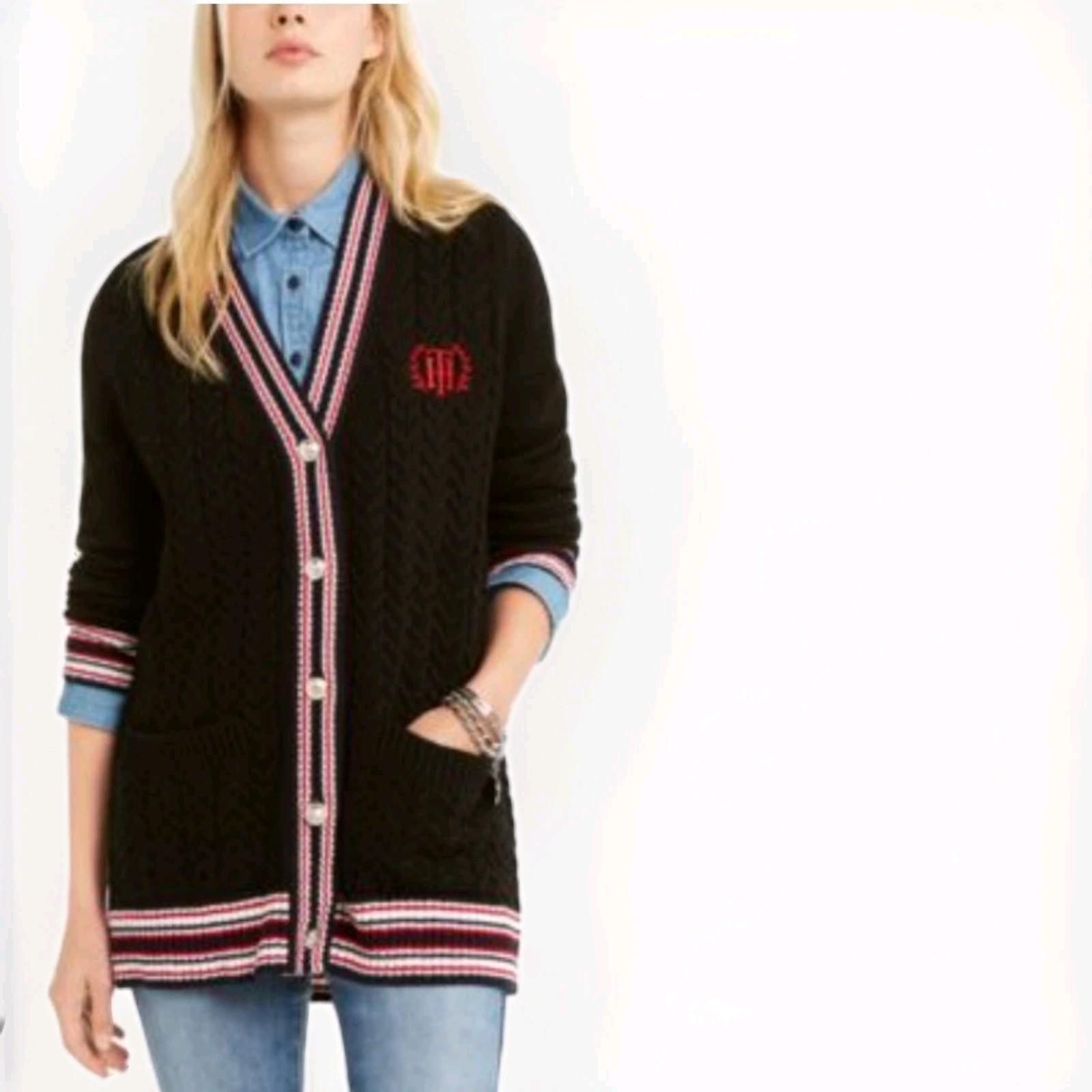 TOMMY HILFIGER Black Cable Knit Varsity Sweater with Gold Logo Buttons in XS Academia Style  
