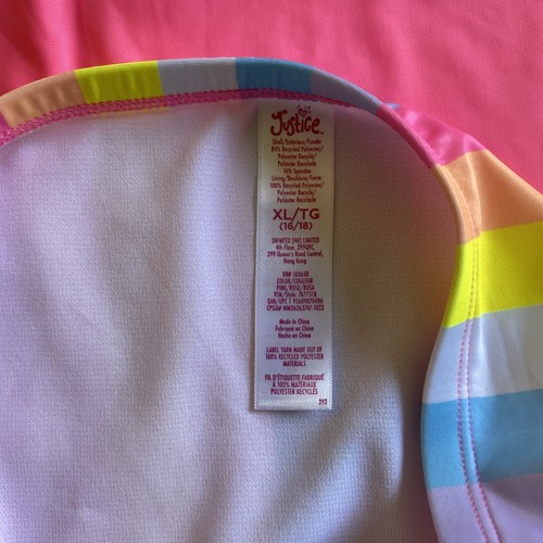 NEW Justice Girl Rash Guard Top & Bottoms XL Rainbow Pink Stripe Swimsuit UPF 50 - Picture 3 of 7