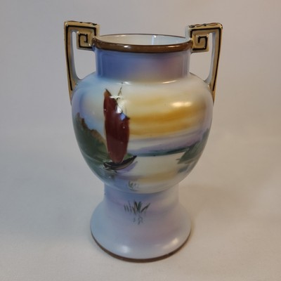 Nippon Double Handle Hand Painted Nautical Sailboat Bud Vase 5''T