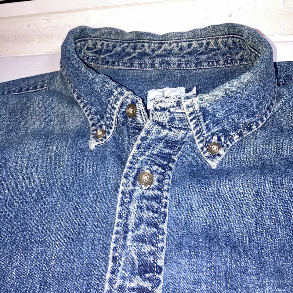 Vintage 90s Calvin Klein Jeans Denim Long Sleeve Button Down Shirt Blue Sz XL - Image 3 of 4