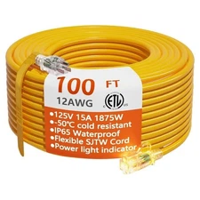 12/3 100 Ft Gauge Outdoor Extension Cord W/ Lighted End Water Proof Heavy Duty