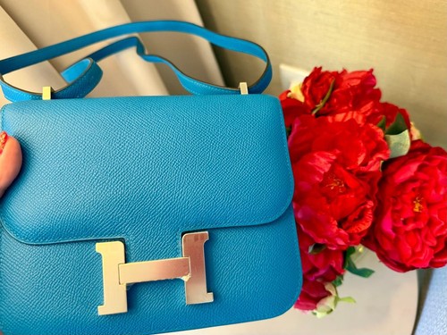 Hermes Constance 18 Blue Zanzibar Epsom Palladium Mini Bag Mirror NEW 2024 Rare - Picture 21 of 24