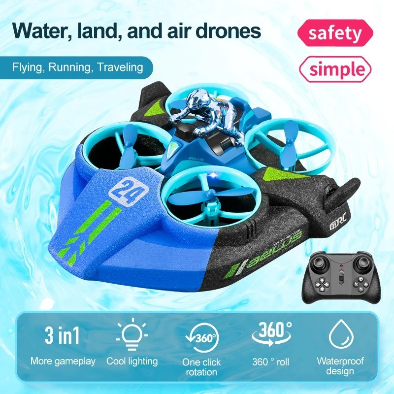 Drone RC 4DRC polyvalent terre air mer bleu avec télécommande 2.4G