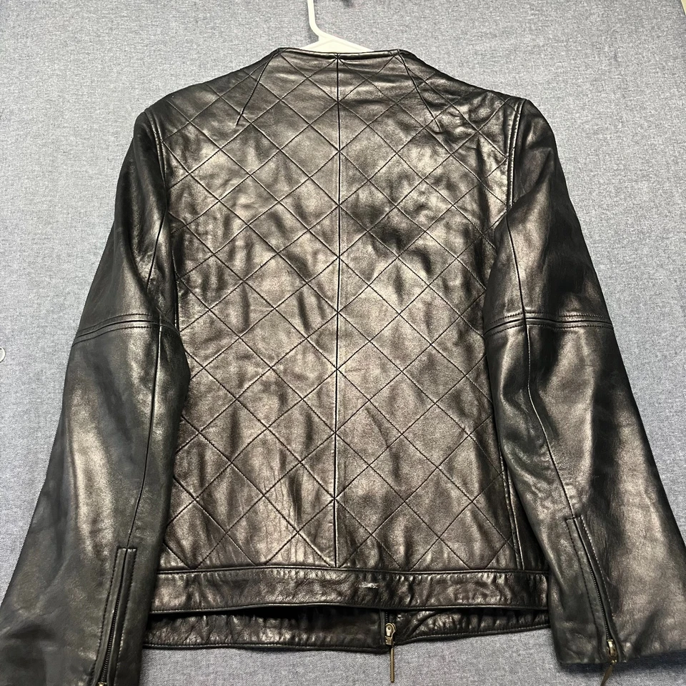 Chaqueta para mujer Via Spiga talla XL negra acolchada cuero genuino estilo motociclista Foto 2 de 4