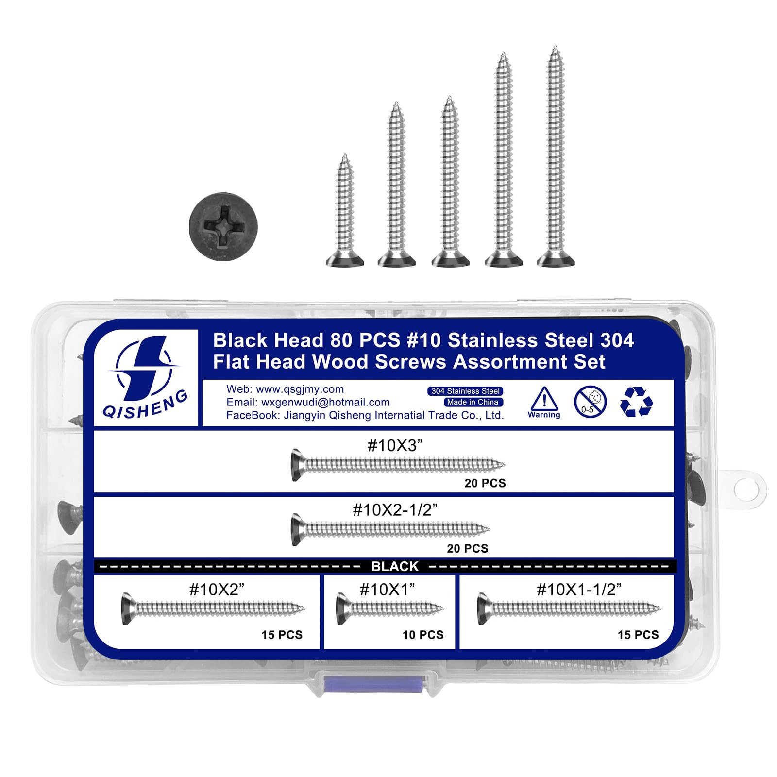 80 PCS Black Head #10 Stainless Steel Phillips Flat Head Wood Screws Assortme...