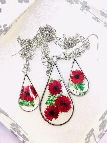 Handmade Boho Dried Flower Pendant Necklace Earrings Jewelry Set Red Silver - Picture 6 of 8