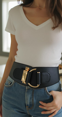 Fancy Women Wide Black Dressy Fabric Wide Weekend Belt Hook Metal Buckle S M