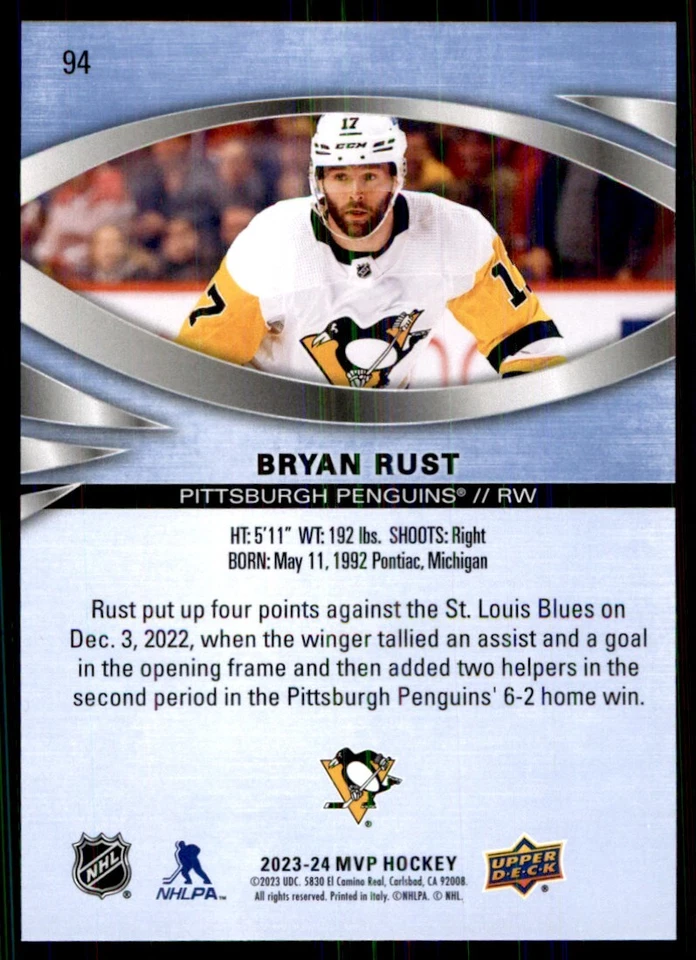 2023-24 Upper Deck MVP Bryan Rust Pittsburgh Penguins #94 - Image 2 of 2