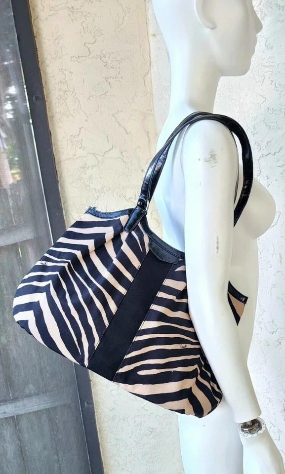COACH SIGNATURE STRIPE Black ZEBRA PRINT DEVIN SHOULDER BAG F24022