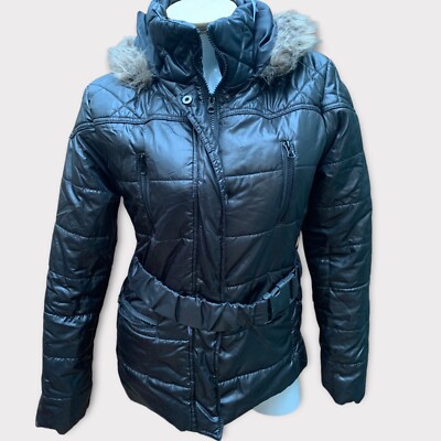 Say What Y2K Womens Black Puffer Coat Jacket Size L Hood Faux Fur Ski Pocket