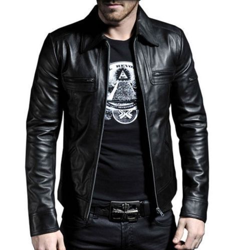 Mens Leather Jacket Black Slim Fit Biker Real Leather Jacket - Afbeelding 1 van 5