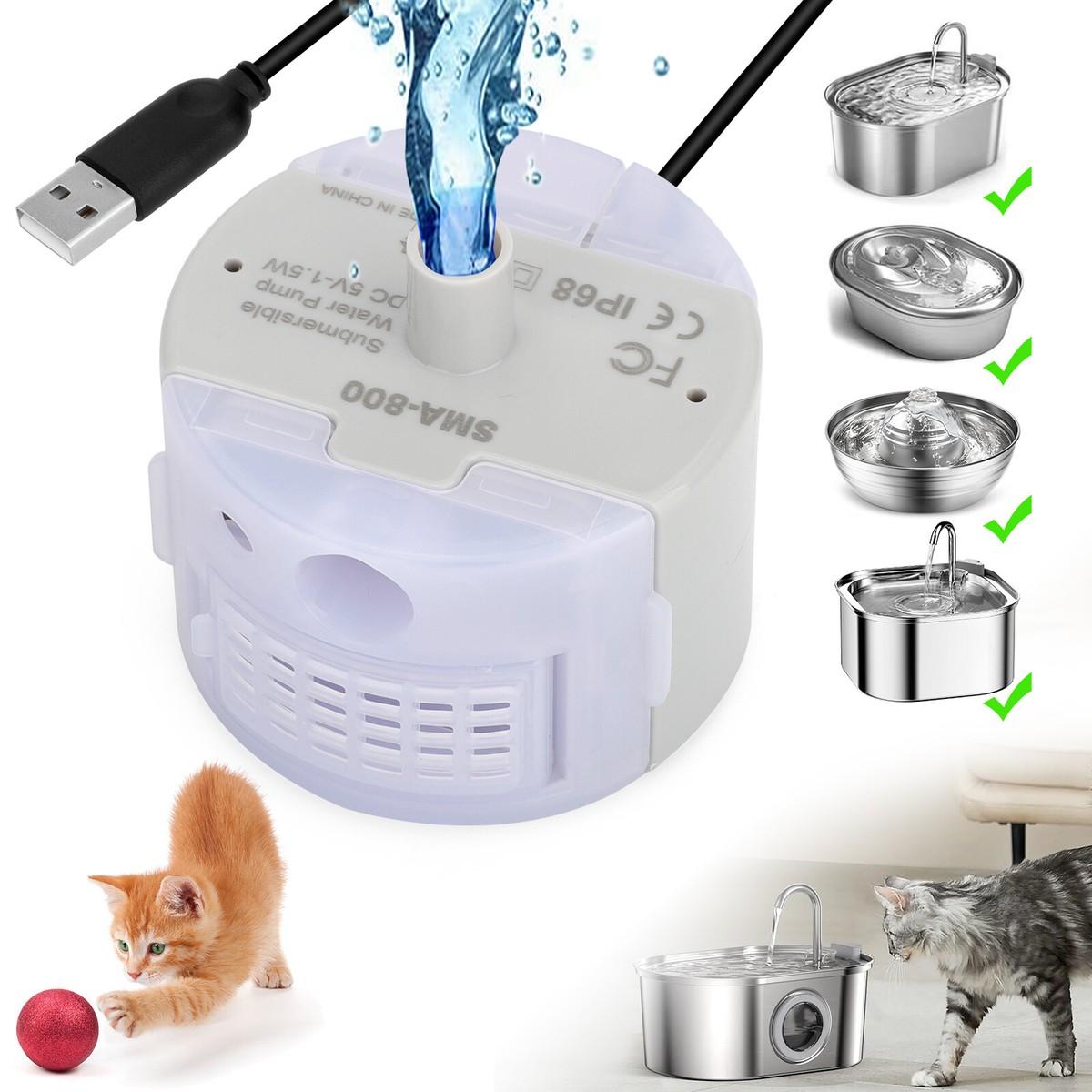 Upgraded Pet Water Fountain Pump Replacement Quiet USB Motor for