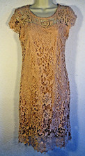 Pale Pink Lace Knee Length Dress Lined Body Cap Sleeves Scoop Neck Size Small