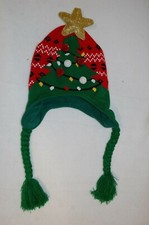 Girls Red Knit Stocking Hat GREEN CHRISTMAS TREE Gold Sparkle Star FLEECE LINED