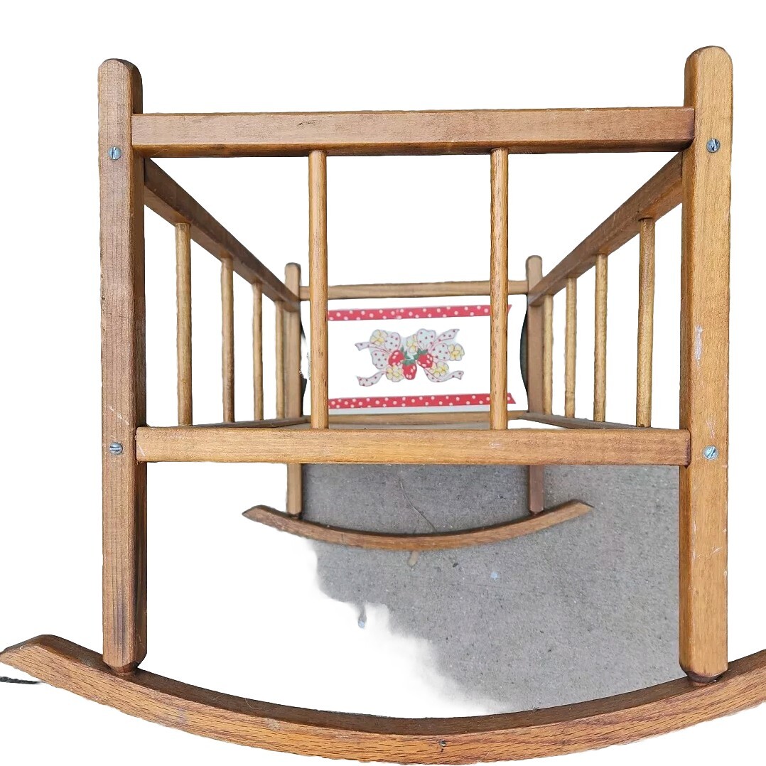 VTG Toys Baby Doll Cradle Wooden Bed Crib Strawberry
