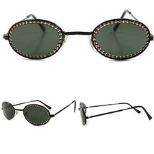 Genuine Vintage Old School Classic 90s Green Lens Black Frame Oval Sunglasses