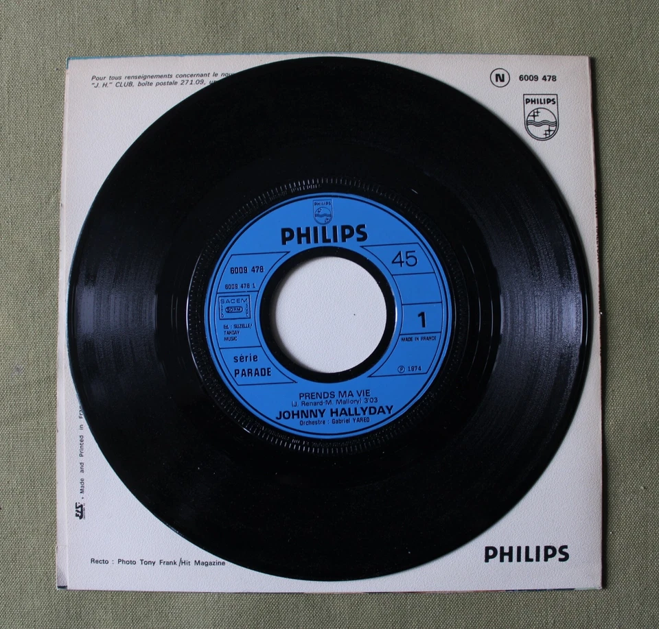 Johnny HALLYDAY Disque 45 tours SP 7 PRENDS MA VIE - PHILIPS 6009 478 VINYL - Photo 3/4