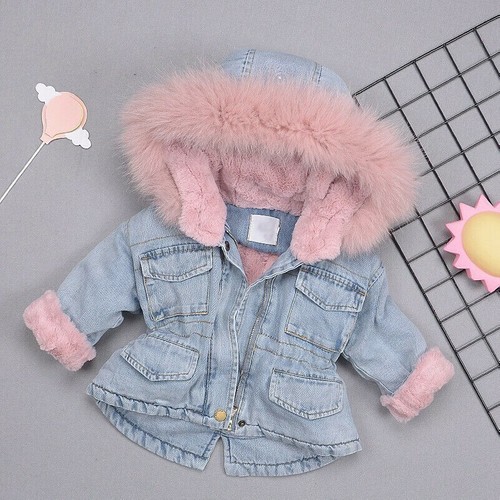 Jeans Cappotto Giacca Bambina Neonato Invernale con Cappuccio Simil Pelo  Pile | eBay