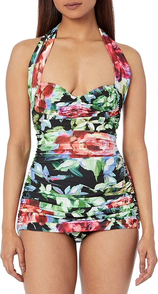 Traje de baño Norma Kamali para mujer floral Bill Mio de una pieza halter retro años 50 XXS NUEVO CON ETIQUETAS Foto 4 de 4