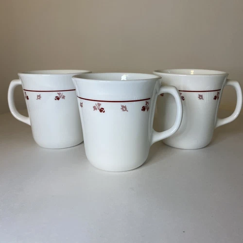SET OF 3 -CORNING CORELLE - BURGUNDY ROSE - COFFEE CUPS / MUGS EUC