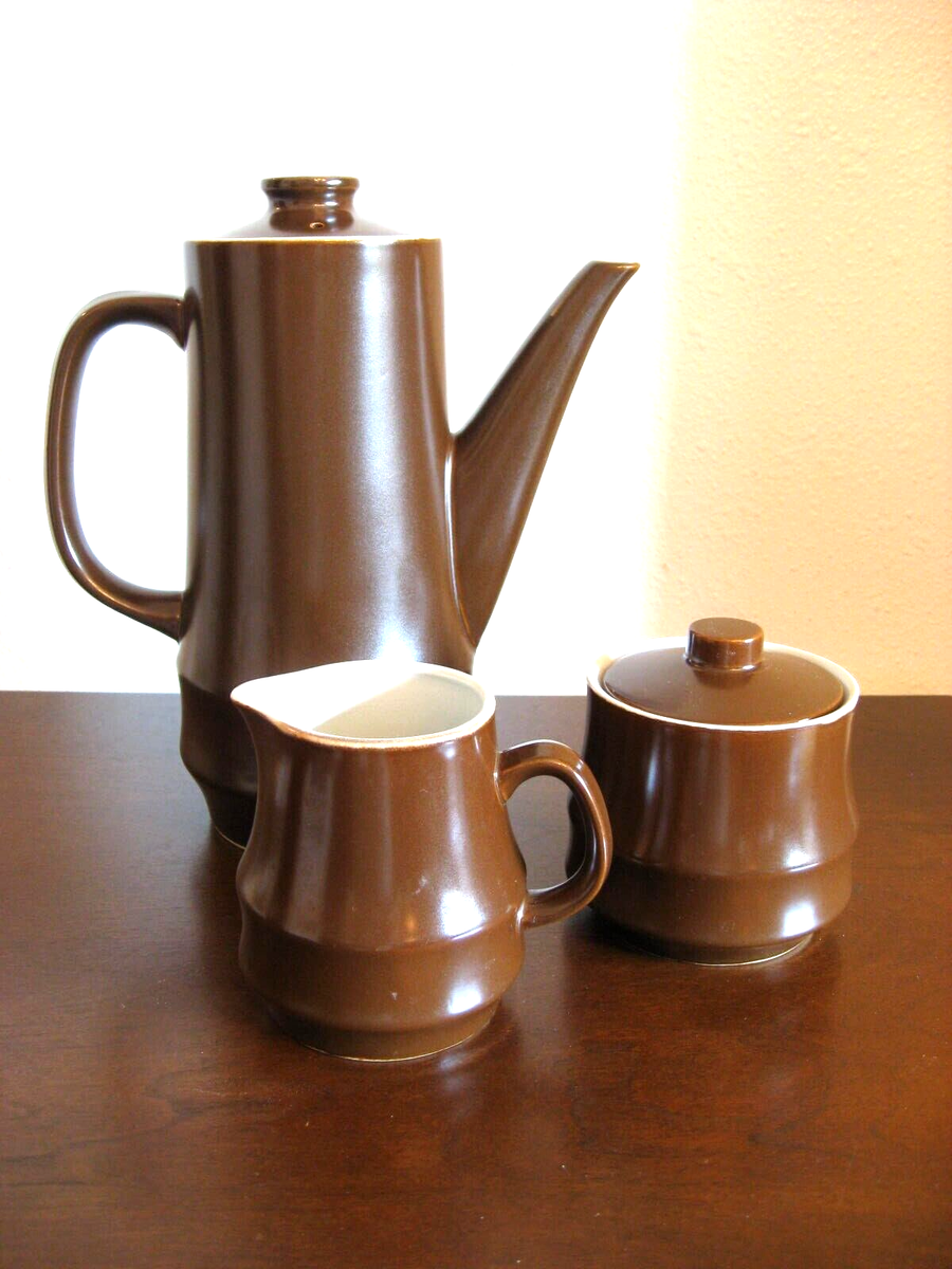 Midcentury Modern Chocolate Brown Stone Ware Coffee Pot Cream and