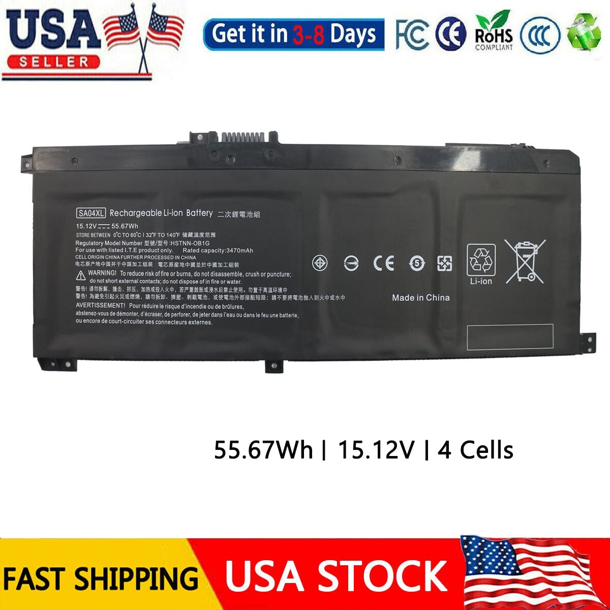 Batteria Vhbw Per HP L43248-AC1, L43248-AC2, SA04XL – 3350mAh, 15.2V, Li-Ion – Sostituto Per Laptop - 3