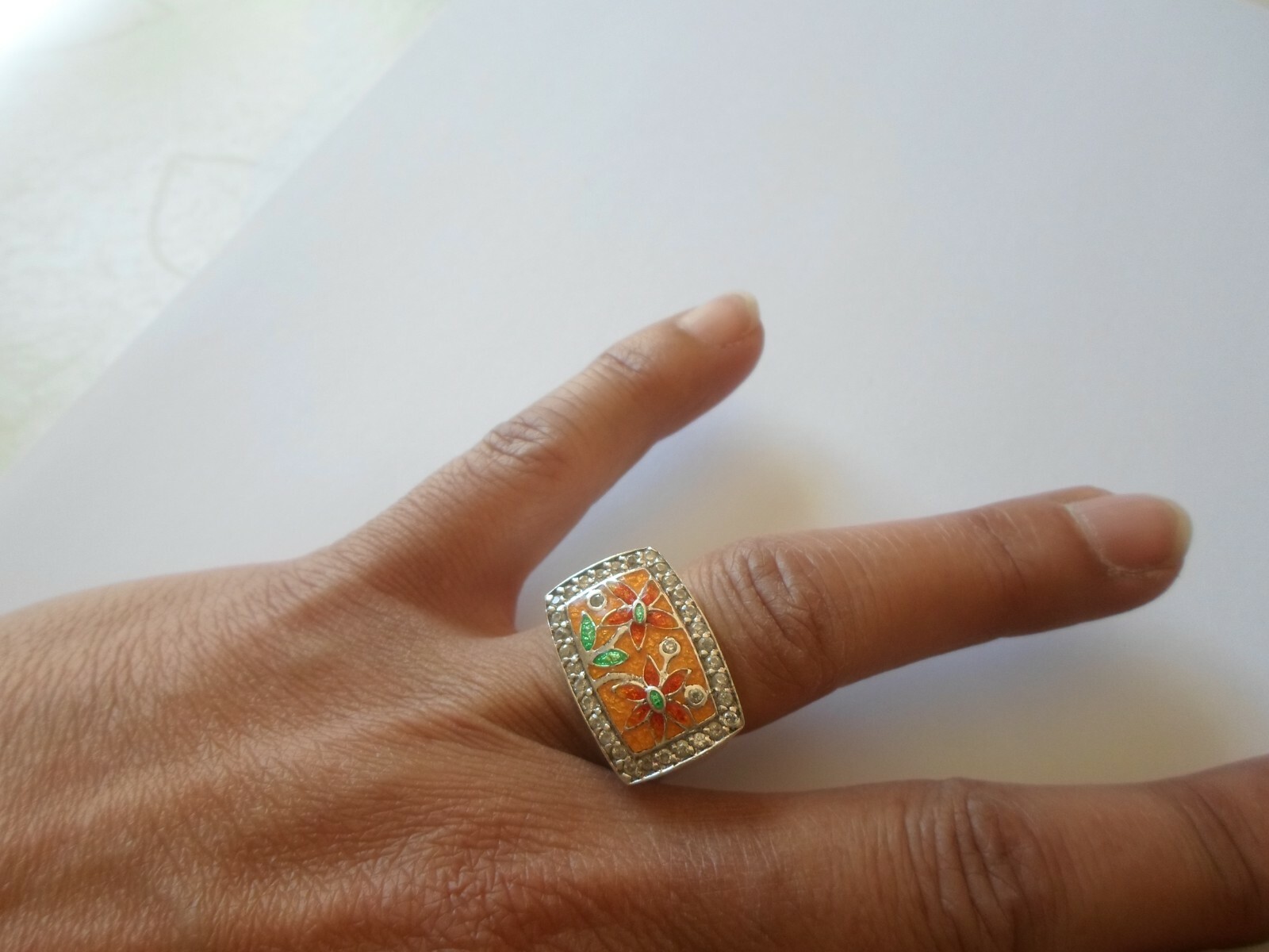solid silver ring, knight, floral paint, zirconiu… - image 4