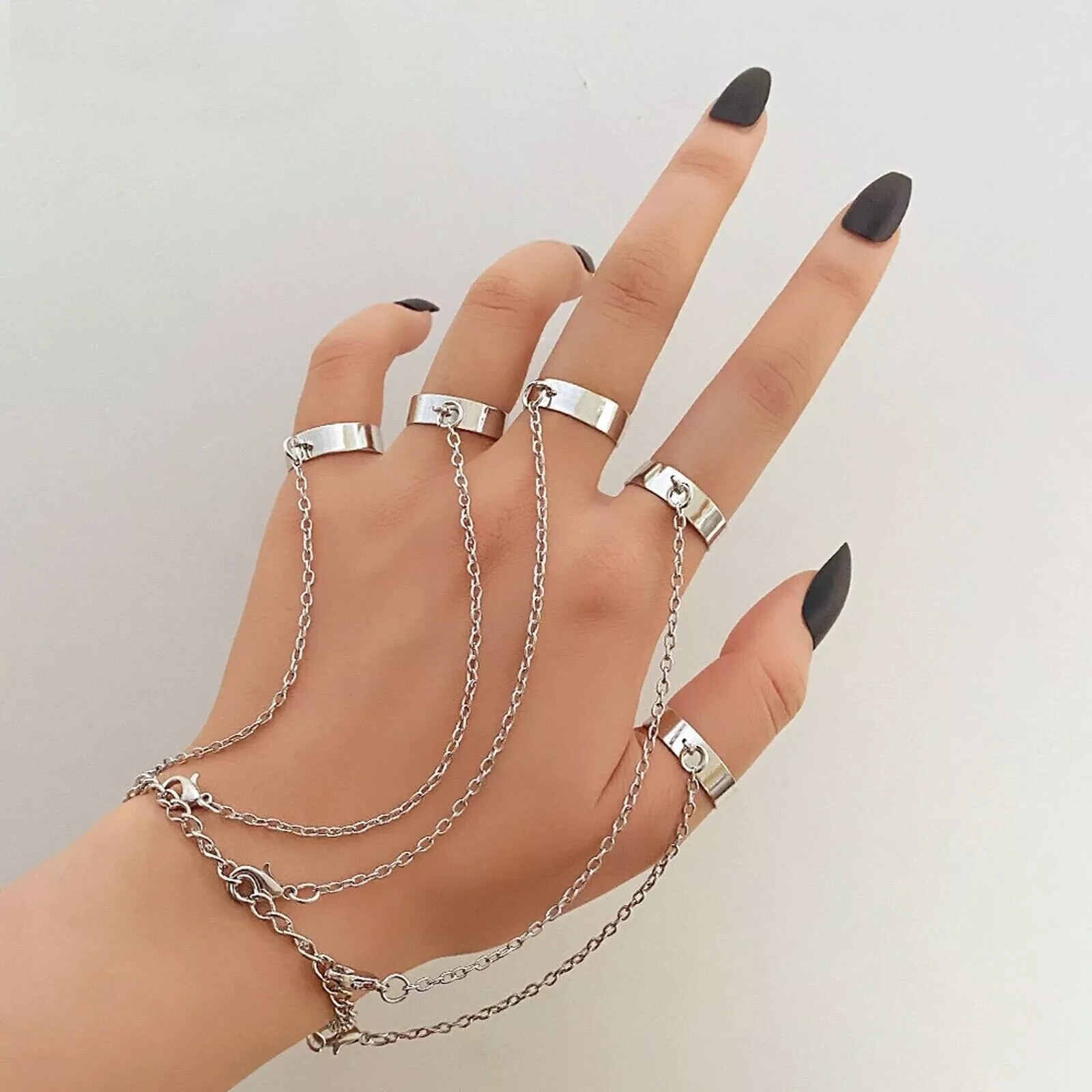 Punk Silver Metal Chain Open Finger Ring Set for Women
