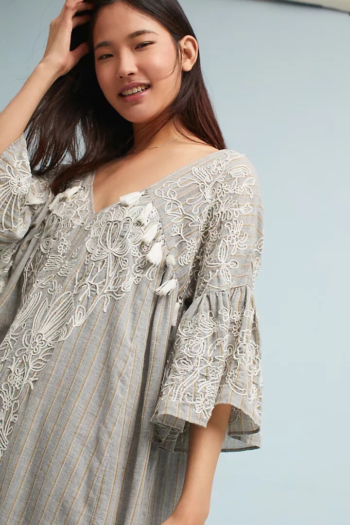 Anthropologie Maeve Tisdale Embroidered Midi Dress, Grey Size 0 | eBay
