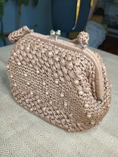 Tan Woven Raffia Vintage 1960s Straw Handbag with Beads 10x8