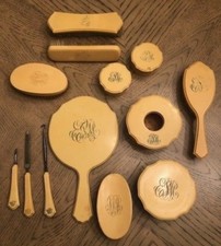 VINTAGE CELLULOID VANITY MIRROR BRUSH SET MONOGRAMMED 17 PIECE LOT