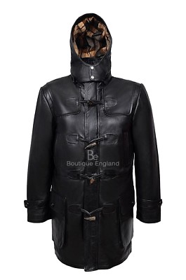 Herren Duffelcoat Schwarz Echtleder Kapuze Knielang Horn Knebel Jacke 8294
