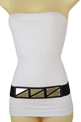 Women Black Stretch Fabric Waistband Unique Style Belt Gold Triangle Buckle S M