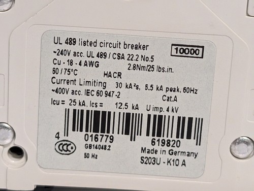 ABB S203U-K10A Circuit Breaker, 3 Pole Unit, Min .4", Made in Germany - Picture 4 of 10