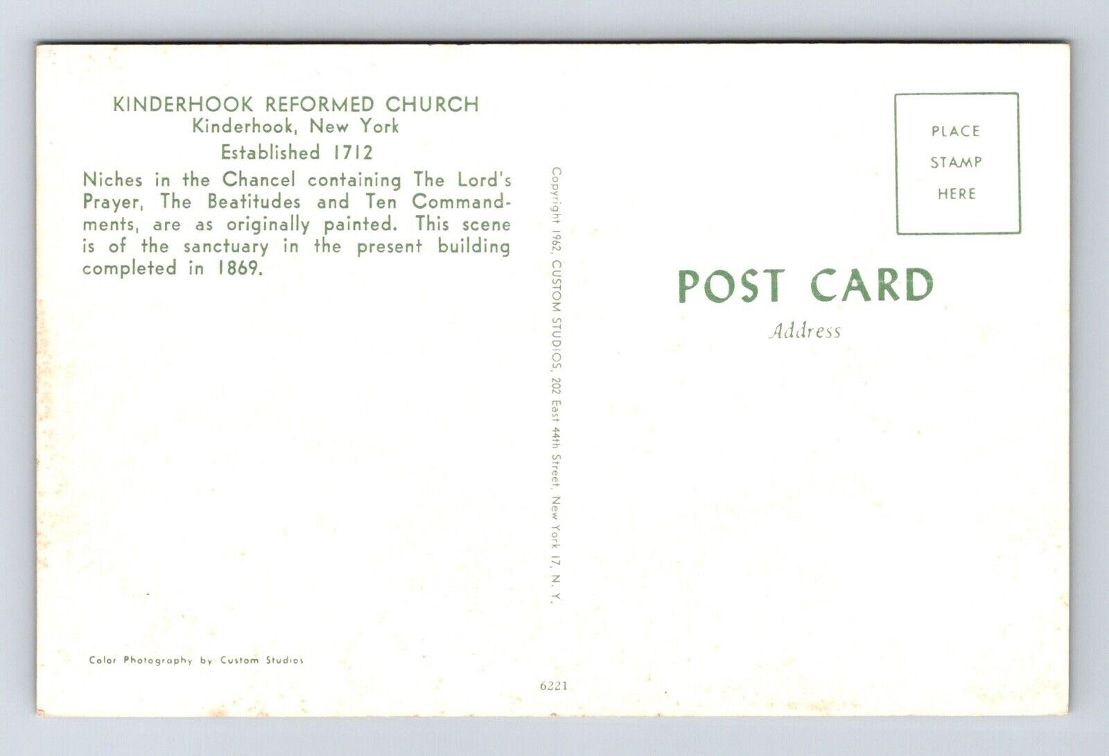 Kinderhook Reformed Church New York NY Interior Postcard UNP VTG Unused