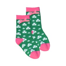 Girls Mid Calf Shamrock Crew Socks with Ribbon Bow Pink Cotton