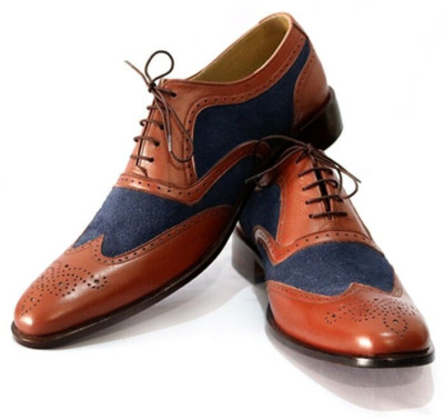 Men's Handmade Two Toned Brown Leather Navy Suede Wing Tip Brogue Lace Up Shoes