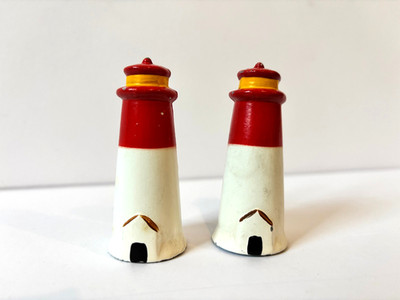 Lighthouse Salt Pepper Shakers Metal Red White Yellow Nautical Coastal 1950s