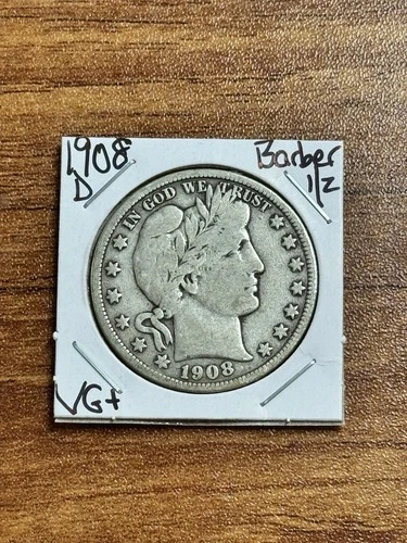 1908 D Barber Silver Half Nice VG Very Good U.S. 50c Type Coin (Raw18054)