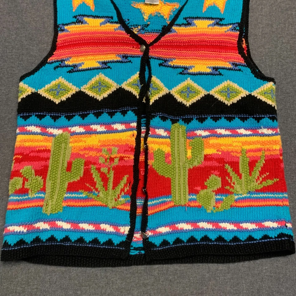 Chaleco para mujer Susan Bristol talla L colores brillantes tejido a mano cactus suroeste azteca Foto 3 de 4