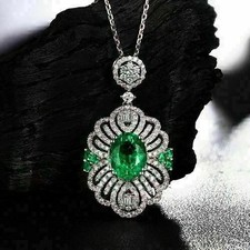 2.00Ct Oval Cut Lab Created Emerald Halo Women's Pendant 14K White Gold Plated