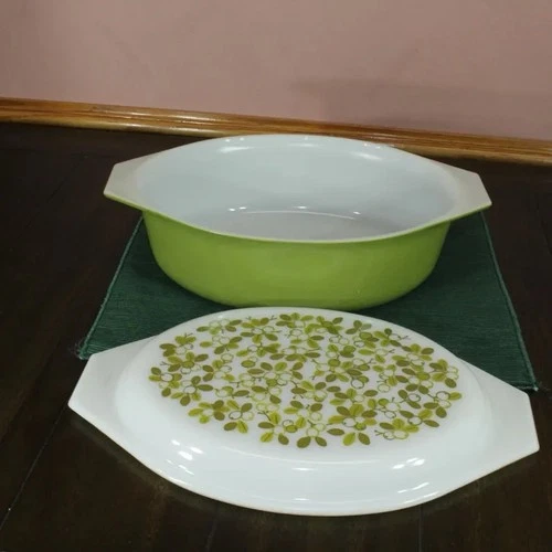 PYREX Vintage Green Vendé Oval Glass Bowl with Floral Lid Two-Piece Bakeware