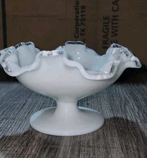 Vintage Fenton Silver Crest Milk Glass Ruffled Pedestal Compote Bowl