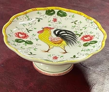 Vintage Ucagco Early Provincial Rooster & Roses Pedestal Plate Dish Compote