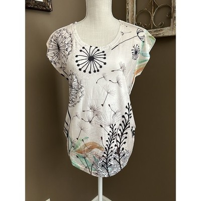 Womens White Dandelion Print Cap Sleeve Graphic Tee Crew Neck Casual Top M