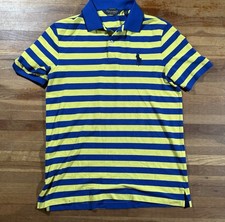 POLO Ralph Lauren Golf Men Cotton Short Sleeve Blue Yellow Striped Pony Shirt L