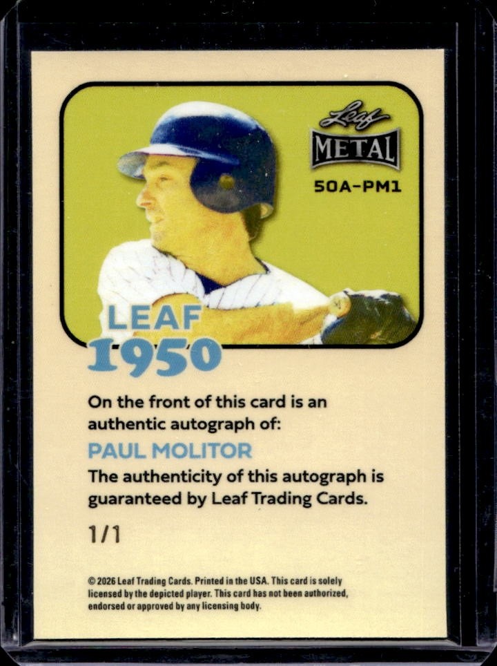 2026 Leaf Metal Baseball Paul Molitor 1950 Auto Autograph Prismatic Purple #1/1 view 2
