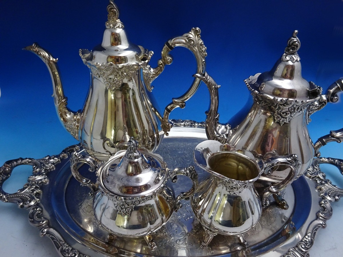 Grande Baroque by Wallace Silverplate Tea Set 4pc with Tray (#8643